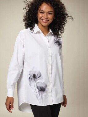 Watercolor Floral White Button-Up Shirt Blouse Medium Classic Brand New